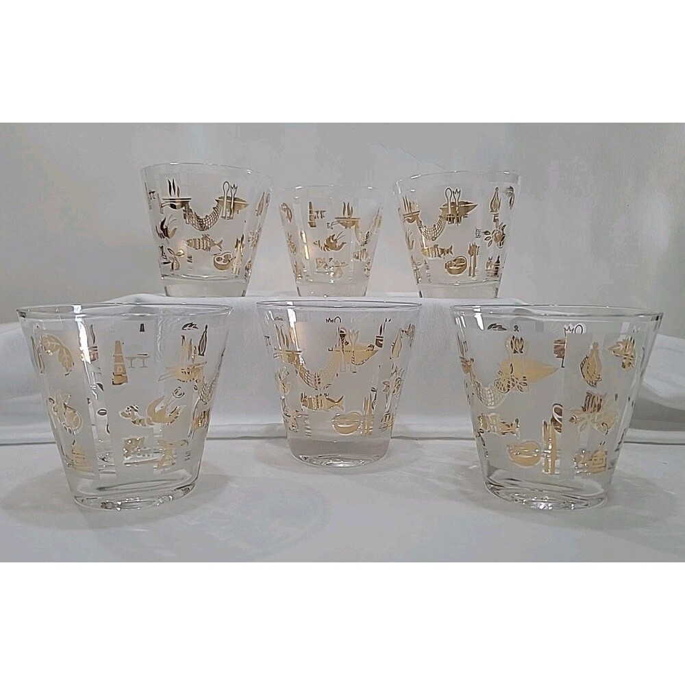 MCM 6 Whiskey Low Ball Glasses Frosted Hollywood Regency 22k Gold EUC Vintage